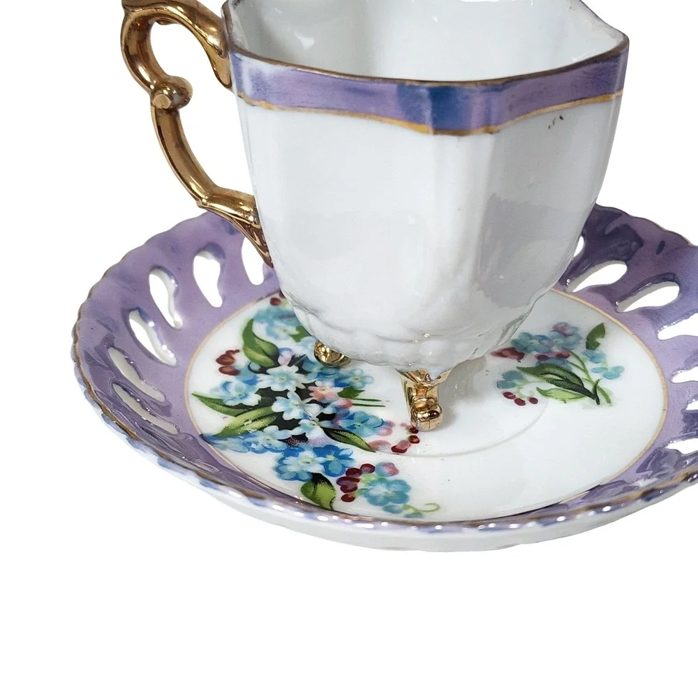 Vintage Footed Iridescent Purple Floral Teacup Saucer Set Reticulated Porcelain